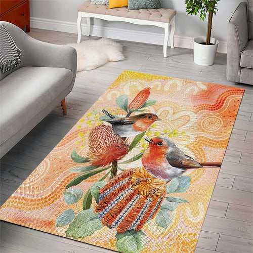 Australia Flame Robin Area Rug Petroica Phoenicea Banksia Indigenous Art - Aussie Hoodie