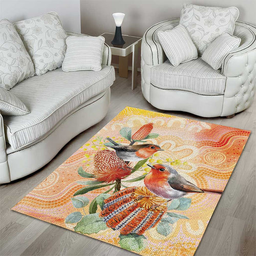 Australia Flame Robin Area Rug Petroica Phoenicea Banksia Indigenous Art - Aussie Hoodie