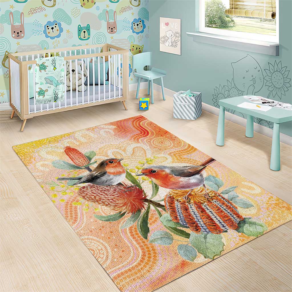 Australia Flame Robin Area Rug Petroica Phoenicea Banksia Indigenous Art - Aussie Hoodie