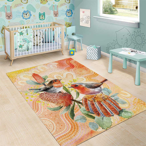 Australia Flame Robin Area Rug Petroica Phoenicea Banksia Indigenous Art - Aussie Hoodie