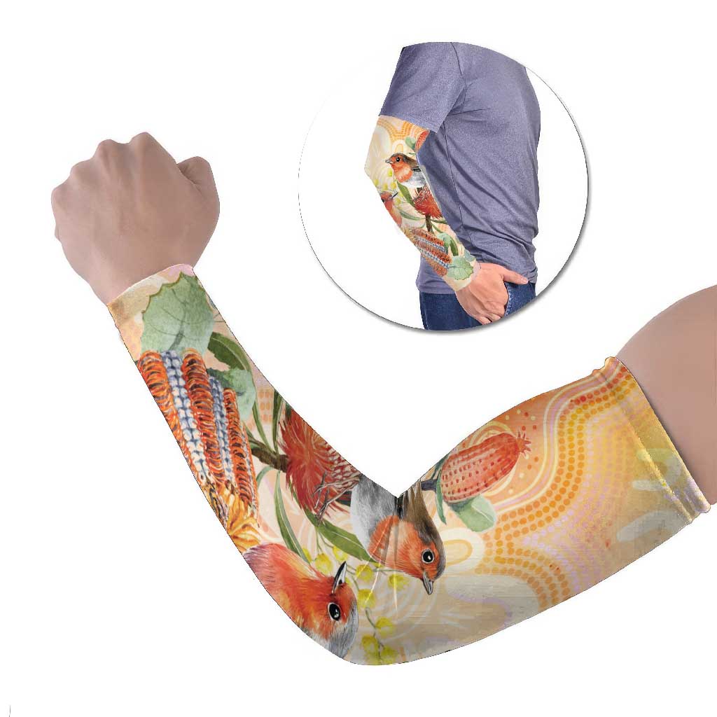 Australia Flame Robin Arm Sleeves Petroica Phoenicea Banksia Indigenous Art - Aussie Hoodie