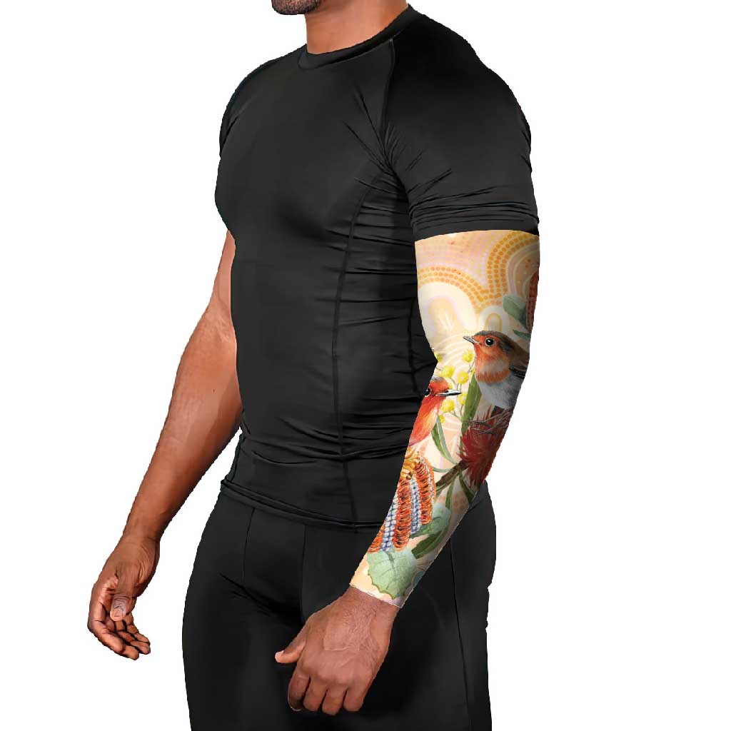 Australia Flame Robin Arm Sleeves Petroica Phoenicea Banksia Indigenous Art - Aussie Hoodie