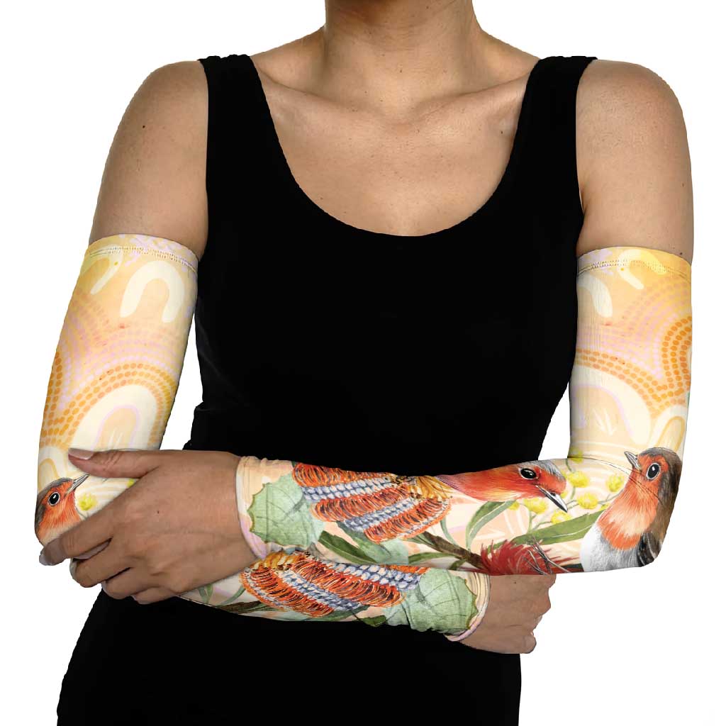 Australia Flame Robin Arm Sleeves Petroica Phoenicea Banksia Indigenous Art - Aussie Hoodie