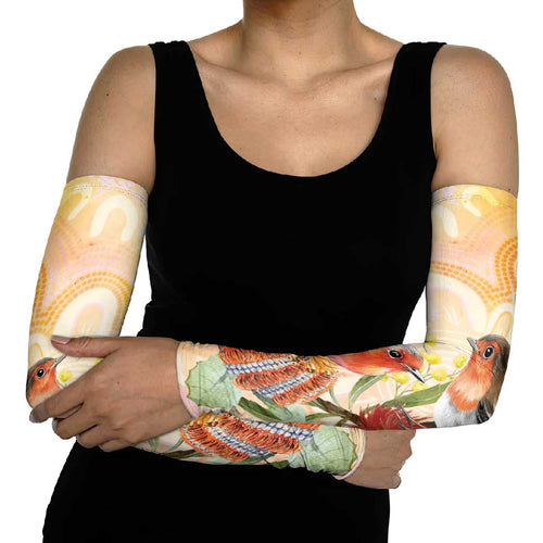 Australia Flame Robin Arm Sleeves Petroica Phoenicea Banksia Indigenous Art - Aussie Hoodie
