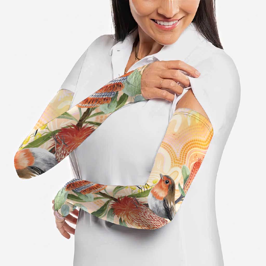 Australia Flame Robin Arm Sleeves Petroica Phoenicea Banksia Indigenous Art - Aussie Hoodie