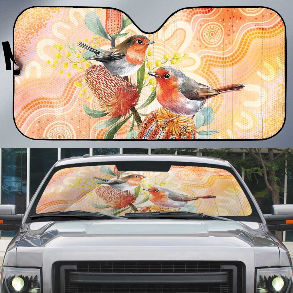 Australia Flame Robin Auto Sun Shade Petroica Phoenicea Banksia Indigenous Art - Aussie Hoodie