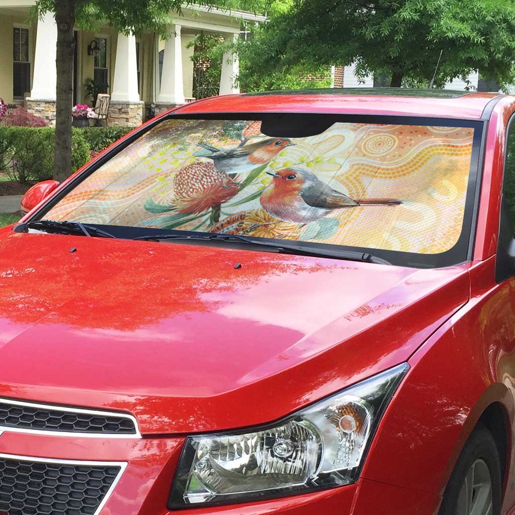 Australia Flame Robin Auto Sun Shade Petroica Phoenicea Banksia Indigenous Art - Aussie Hoodie