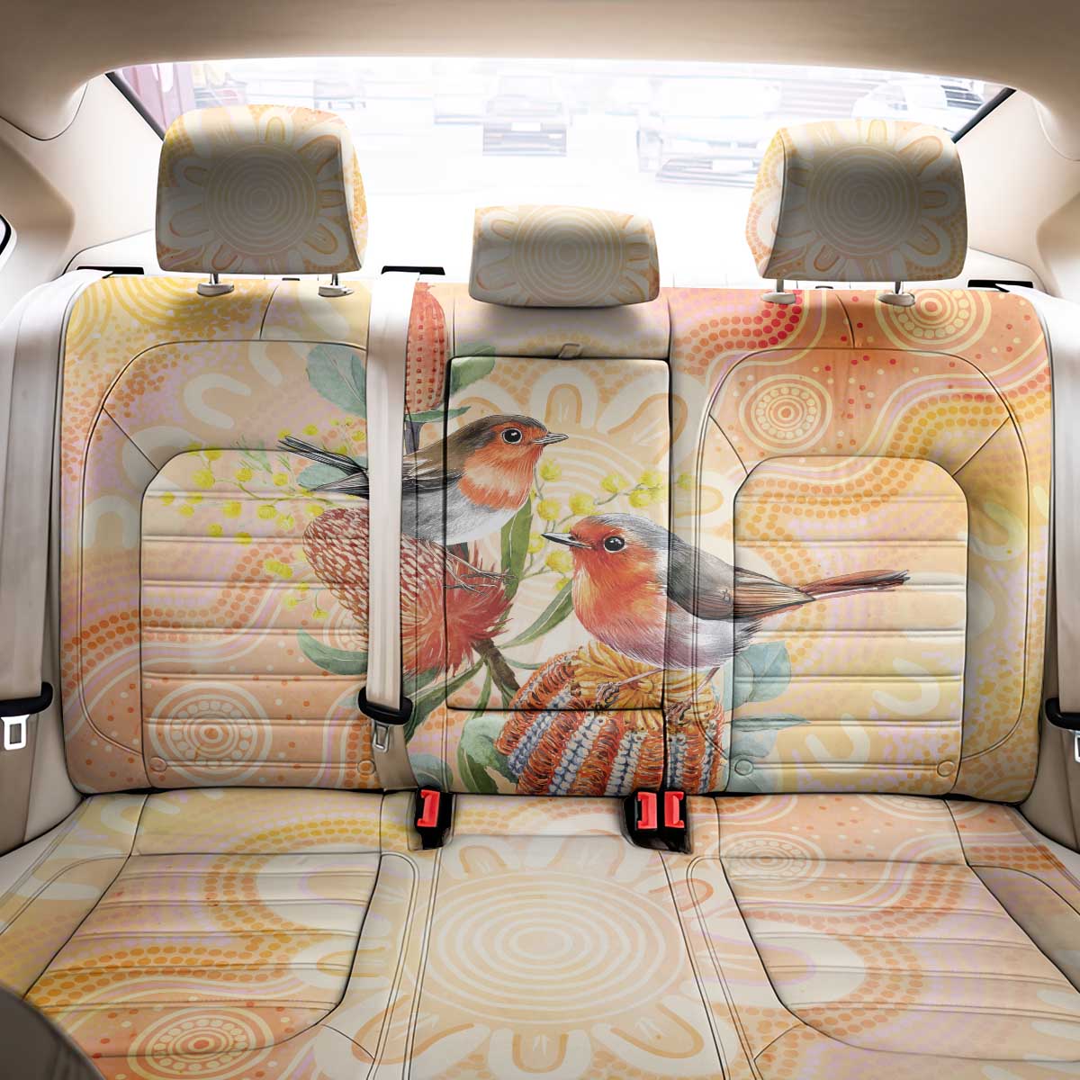 Australia Flame Robin Back Car Seat Cover Petroica Phoenicea Banksia Indigenous Art - Aussie Hoodie
