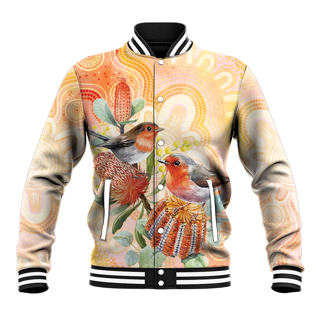 Australia Flame Robin Baseball Jacket Petroica Phoenicea Banksia Indigenous Art - Aussie Hoodie