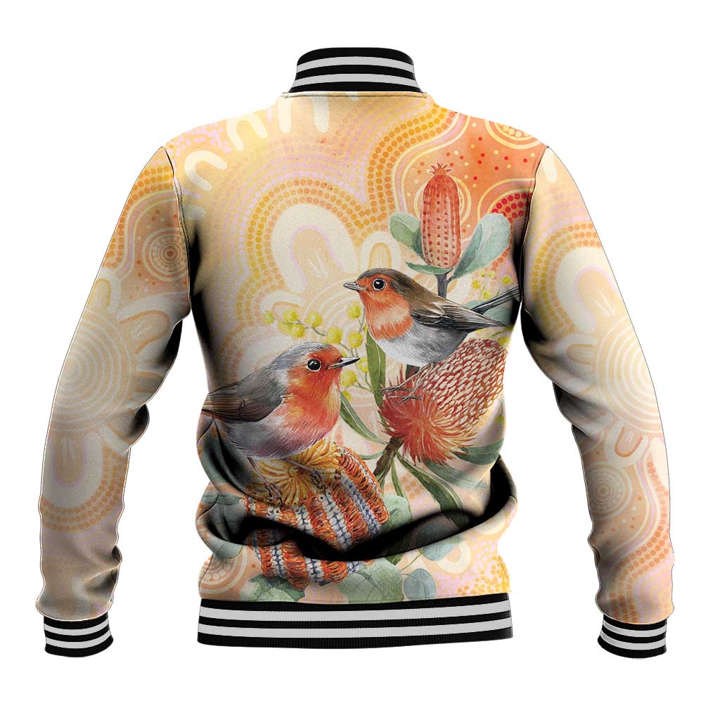 Australia Flame Robin Baseball Jacket Petroica Phoenicea Banksia Indigenous Art - Aussie Hoodie