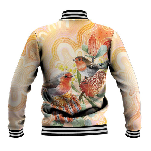 Australia Flame Robin Baseball Jacket Petroica Phoenicea Banksia Indigenous Art - Aussie Hoodie