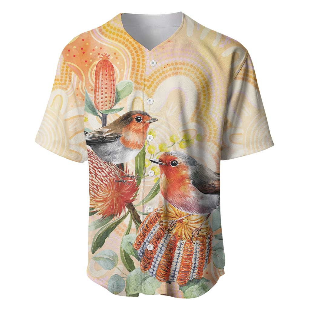 Australia Flame Robin Baseball Jersey Petroica Phoenicea Banksia Indigenous Art - Aussie Hoodie