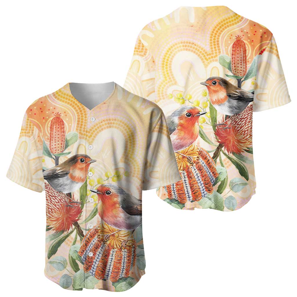 Australia Flame Robin Baseball Jersey Petroica Phoenicea Banksia Indigenous Art - Aussie Hoodie
