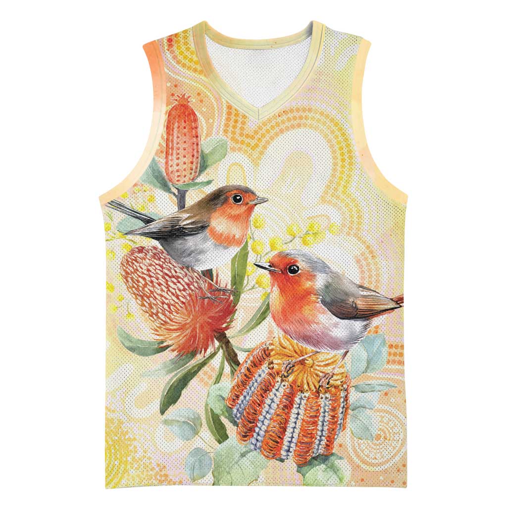 Australia Flame Robin Basketball Jersey Petroica Phoenicea Banksia Indigenous Art - Aussie Hoodie