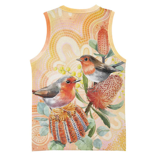 Australia Flame Robin Basketball Jersey Petroica Phoenicea Banksia Indigenous Art - Aussie Hoodie