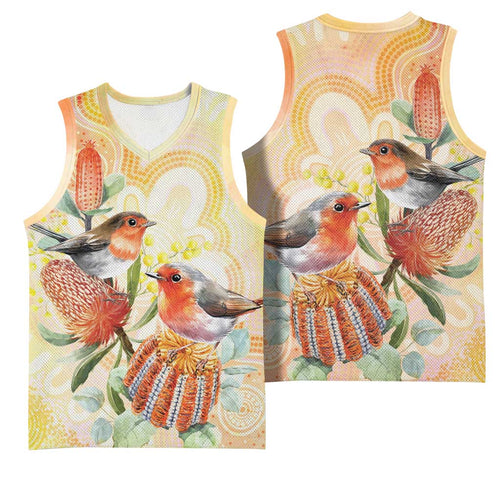 Australia Flame Robin Basketball Jersey Petroica Phoenicea Banksia Indigenous Art - Aussie Hoodie