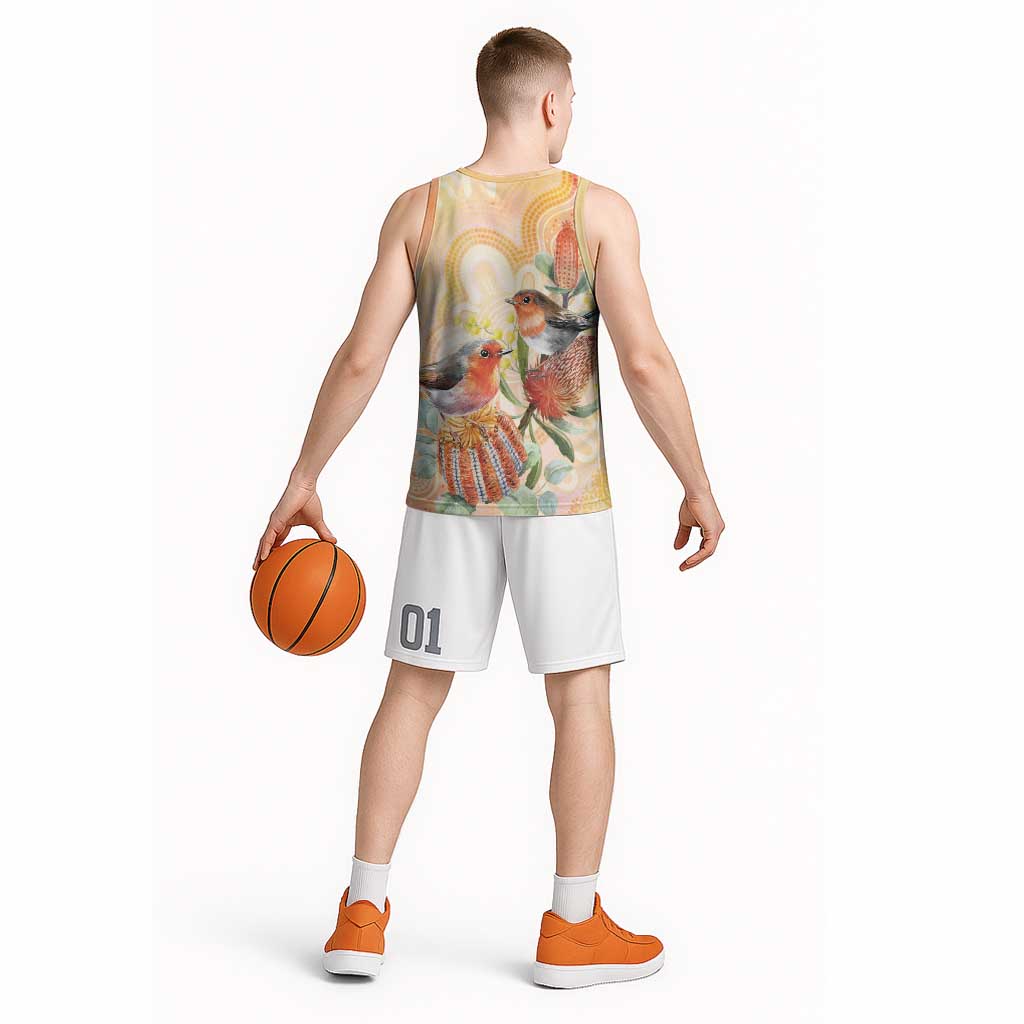 Australia Flame Robin Basketball Jersey Petroica Phoenicea Banksia Indigenous Art - Aussie Hoodie