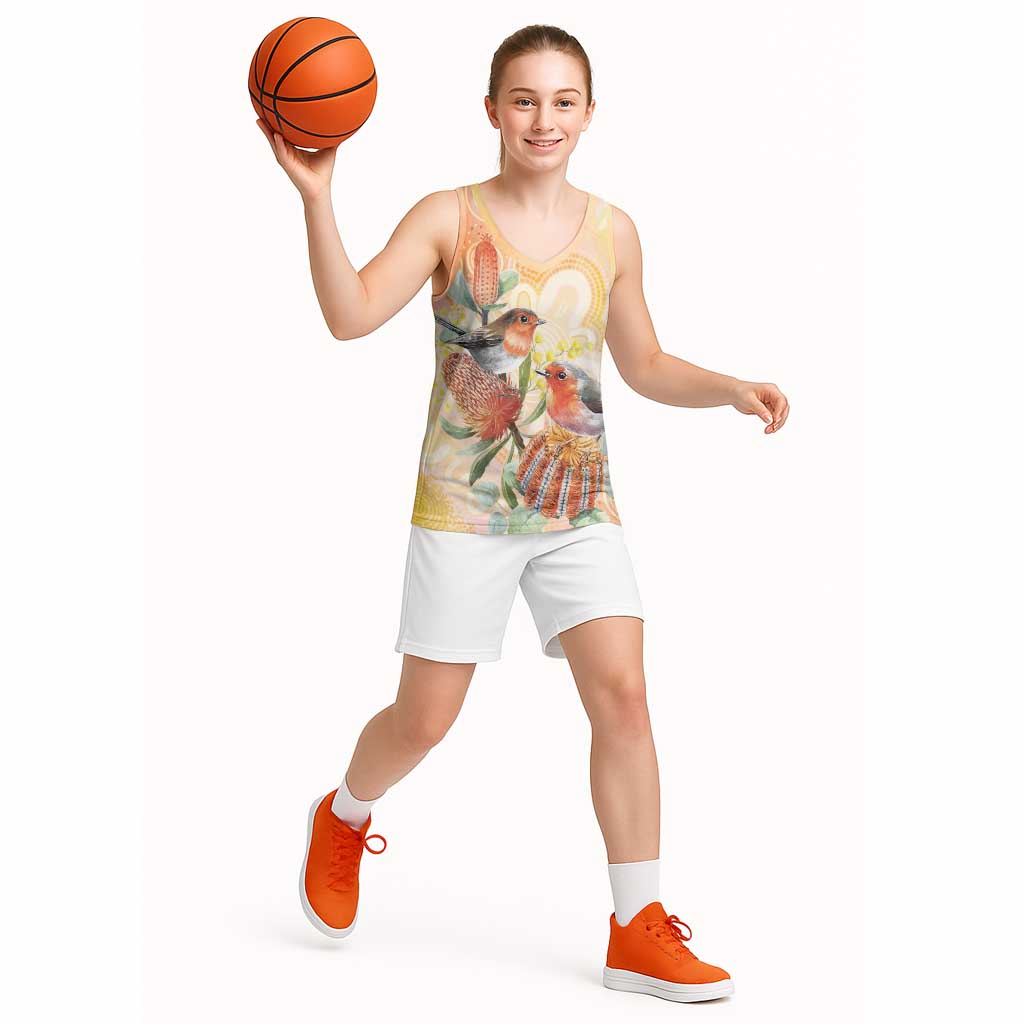 Australia Flame Robin Basketball Jersey Petroica Phoenicea Banksia Indigenous Art - Aussie Hoodie