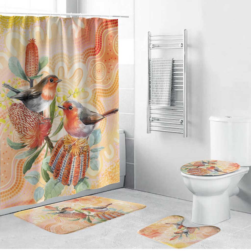 Australia Flame Robin Bathroom Set Petroica Phoenicea Banksia Indigenous Art - Aussie Hoodie