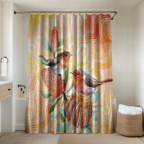 Australia Flame Robin Bathroom Set Petroica Phoenicea Banksia Indigenous Art - Aussie Hoodie