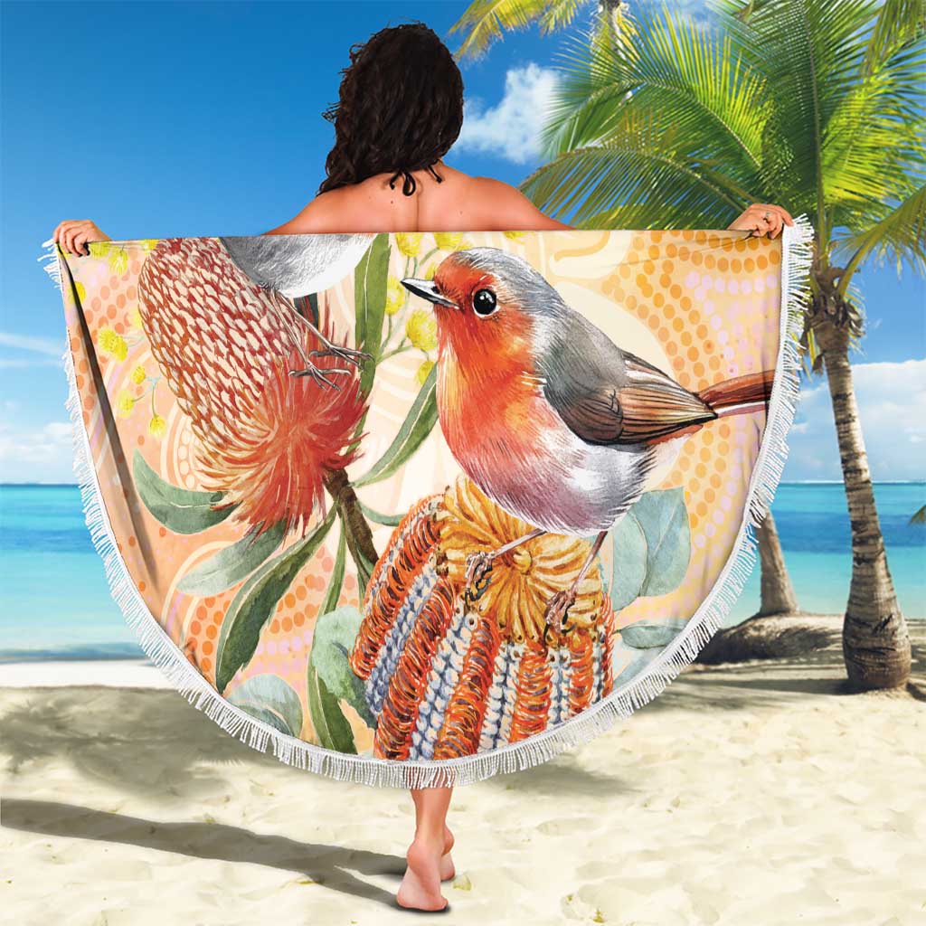 Australia Flame Robin Beach Blanket Petroica Phoenicea Banksia Indigenous Art - Aussie Hoodie