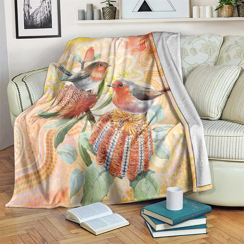 Australia Flame Robin Blanket Petroica Phoenicea Banksia Indigenous Art - Aussie Hoodie