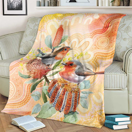 Australia Flame Robin Blanket Petroica Phoenicea Banksia Indigenous Art - Aussie Hoodie