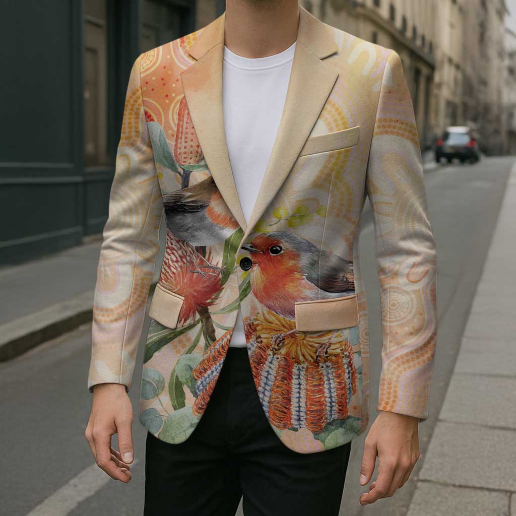 Australia Flame Robin Blazer Petroica Phoenicea Banksia Indigenous Art - Aussie Hoodie