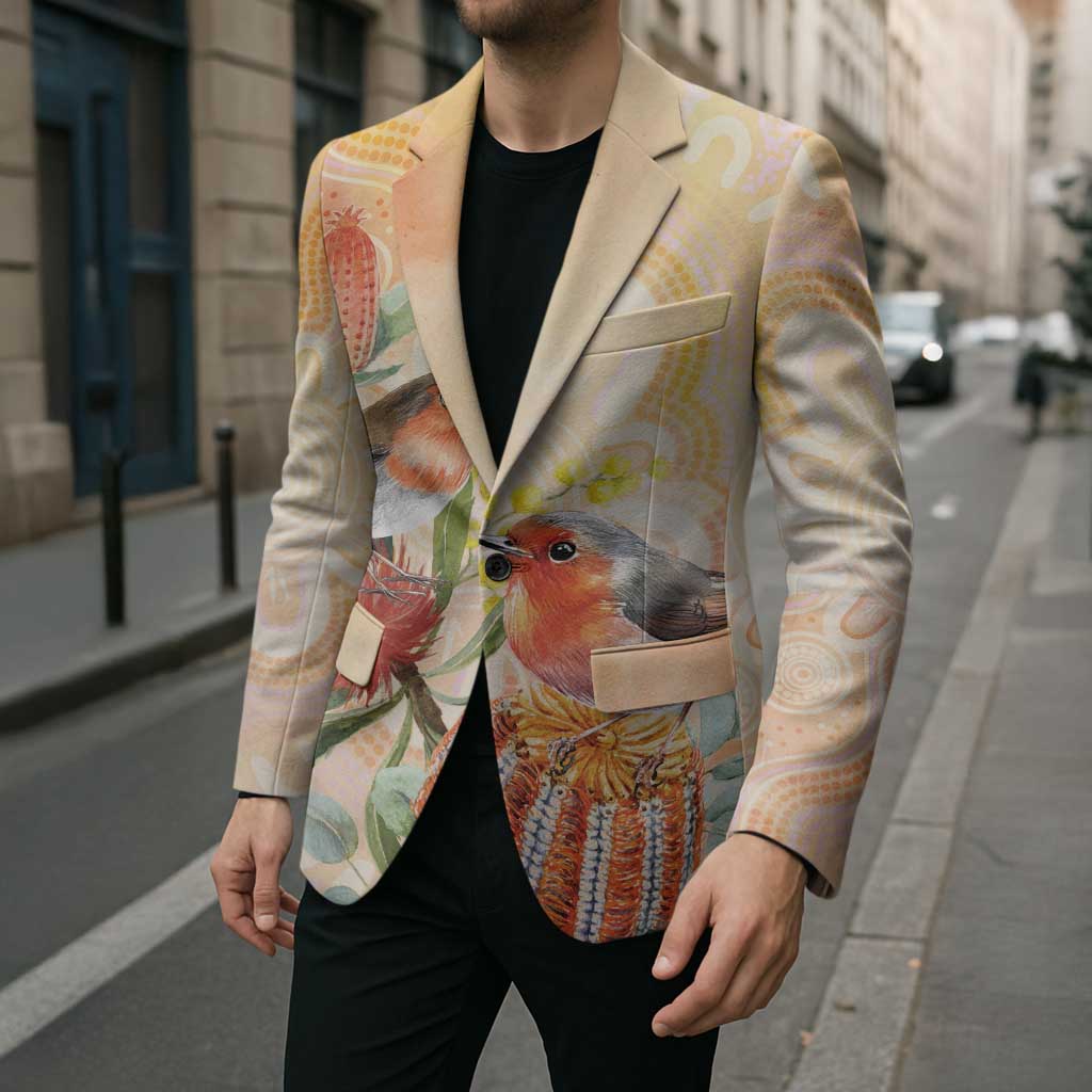 Australia Flame Robin Blazer Petroica Phoenicea Banksia Indigenous Art - Aussie Hoodie