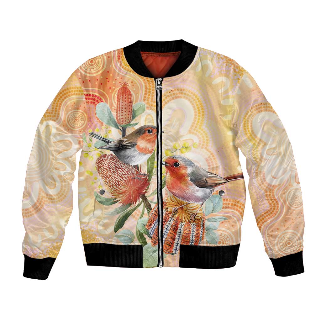 Australia Flame Robin Bomber Jacket Petroica Phoenicea Banksia Indigenous Art - Aussie Hoodie