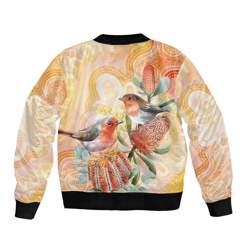 Australia Flame Robin Bomber Jacket Petroica Phoenicea Banksia Indigenous Art - Aussie Hoodie