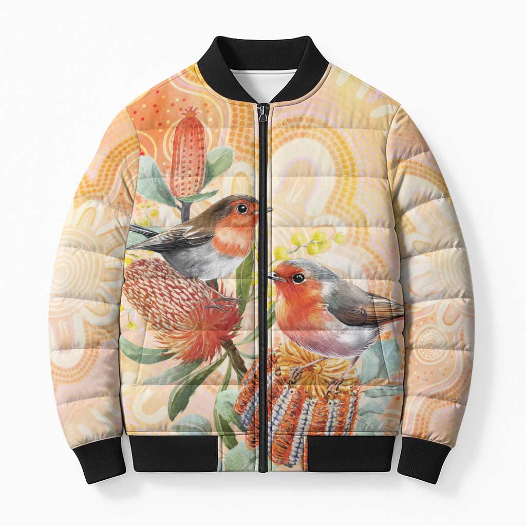 Australia Flame Robin Bomber Puffer Jacket Petroica Phoenicea Banksia Indigenous Art - Aussie Hoodie