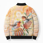 Australia Flame Robin Bomber Puffer Jacket Petroica Phoenicea Banksia Indigenous Art - Aussie Hoodie