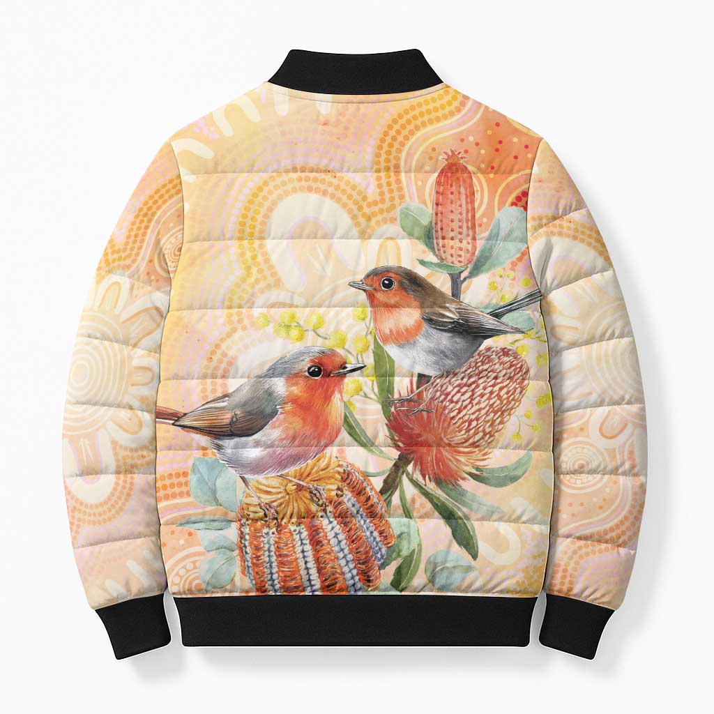 Australia Flame Robin Bomber Puffer Jacket Petroica Phoenicea Banksia Indigenous Art - Aussie Hoodie