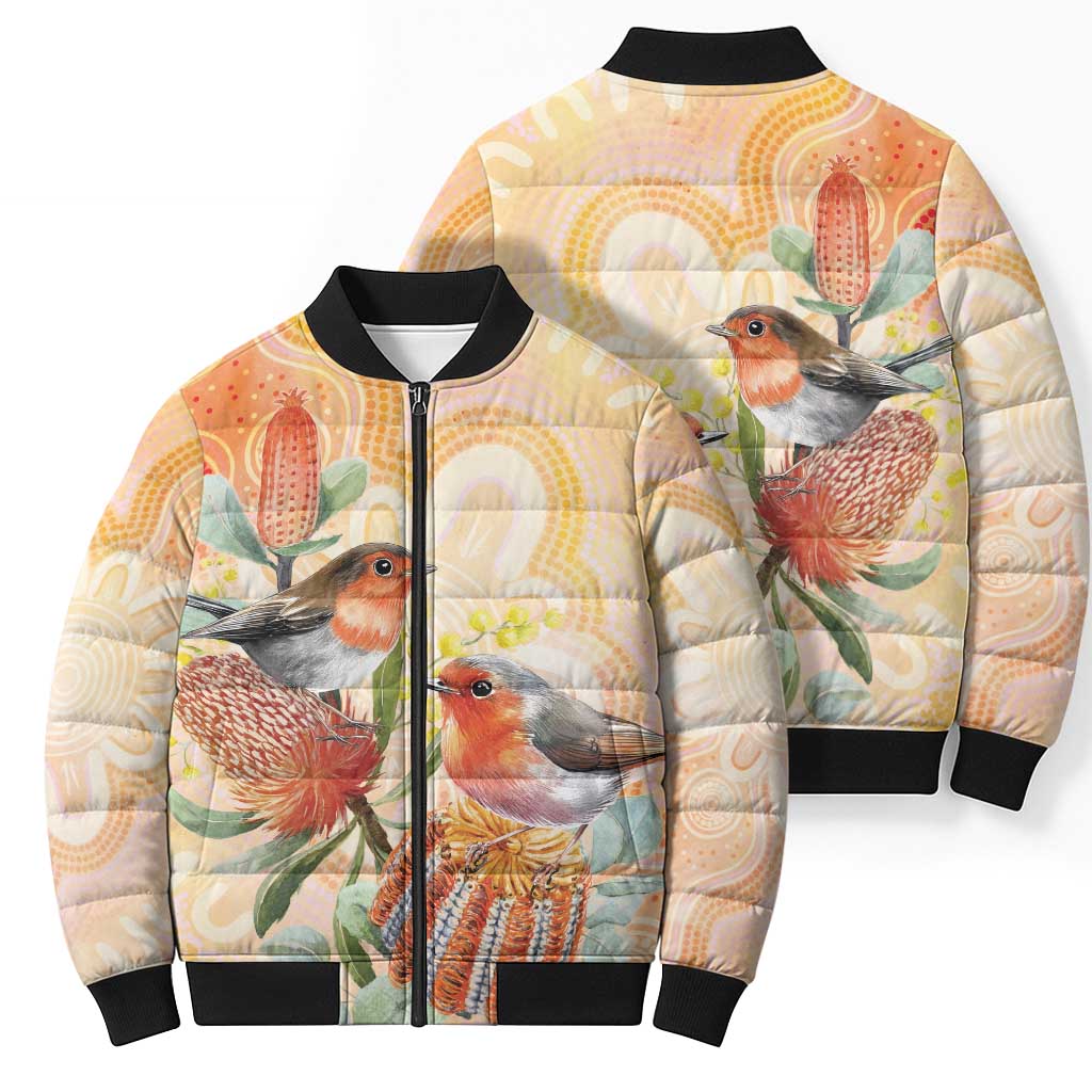 Australia Flame Robin Bomber Puffer Jacket Petroica Phoenicea Banksia Indigenous Art - Aussie Hoodie