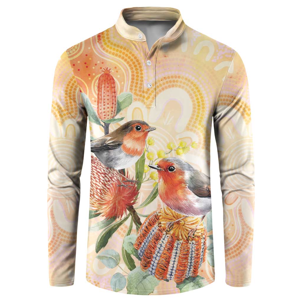 Australia Flame Robin Button Sweatshirt Petroica Phoenicea Banksia Indigenous Art - Aussie Hoodie
