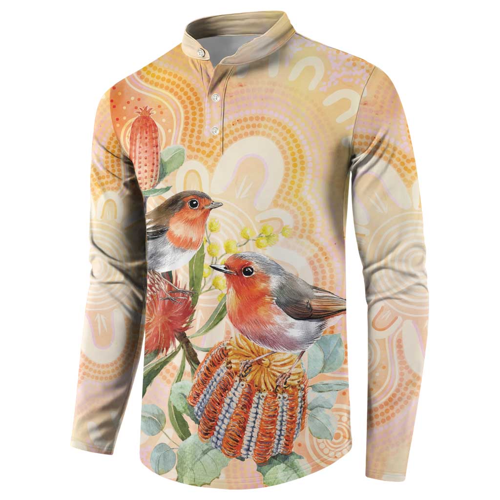 Australia Flame Robin Button Sweatshirt Petroica Phoenicea Banksia Indigenous Art - Aussie Hoodie