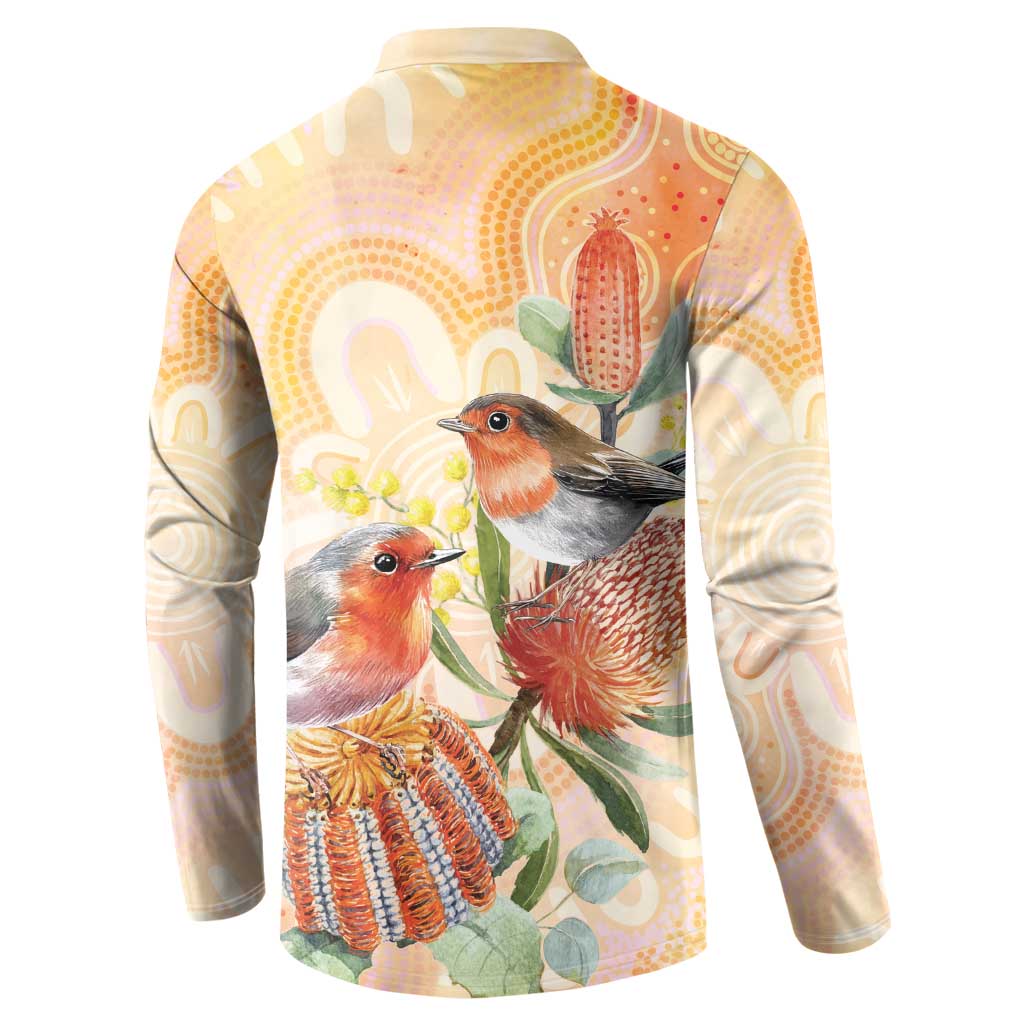 Australia Flame Robin Button Sweatshirt Petroica Phoenicea Banksia Indigenous Art - Aussie Hoodie