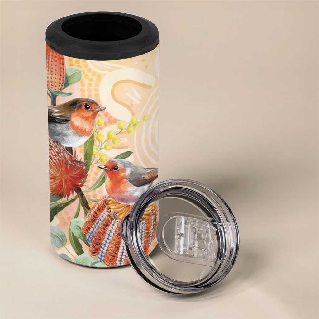Australia Flame Robin 4 in 1 Can Cooler Tumbler Petroica Phoenicea Banksia Indigenous Art - Aussie Hoodie