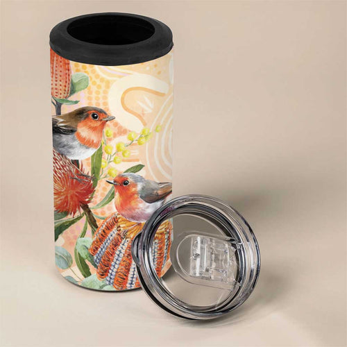 Australia Flame Robin 4 in 1 Can Cooler Tumbler Petroica Phoenicea Banksia Indigenous Art - Aussie Hoodie