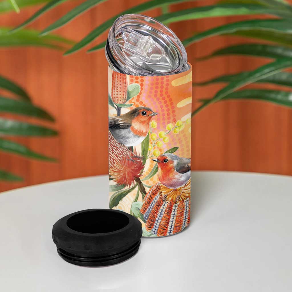 Australia Flame Robin 4 in 1 Can Cooler Tumbler Petroica Phoenicea Banksia Indigenous Art - Aussie Hoodie