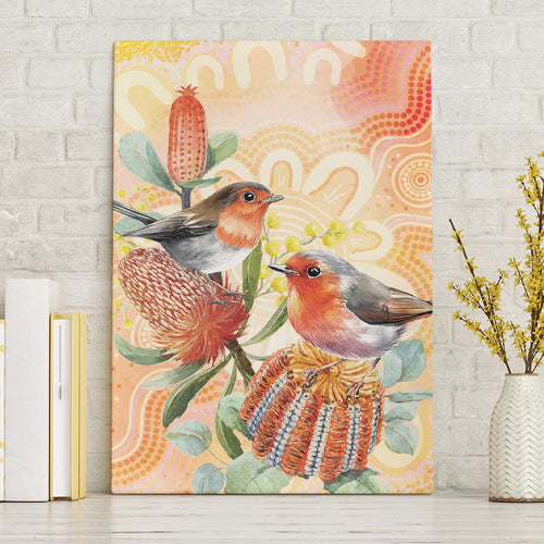Australia Flame Robin Canvas Wall Art Petroica Phoenicea Banksia Indigenous Art - Aussie Hoodie