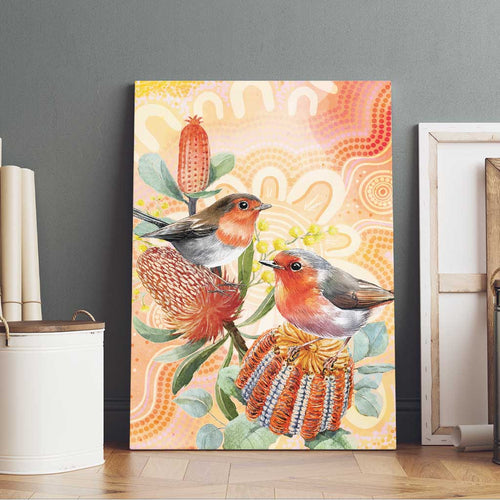 Australia Flame Robin Canvas Wall Art Petroica Phoenicea Banksia Indigenous Art - Aussie Hoodie