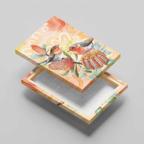 Australia Flame Robin Canvas Wall Art Petroica Phoenicea Banksia Indigenous Art - Aussie Hoodie
