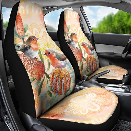 Australia Flame Robin Car Seat Cover Petroica Phoenicea Banksia Indigenous Art - Aussie Hoodie