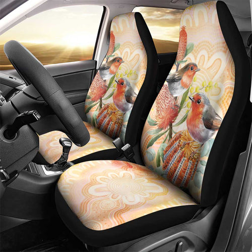 Australia Flame Robin Car Seat Cover Petroica Phoenicea Banksia Indigenous Art - Aussie Hoodie