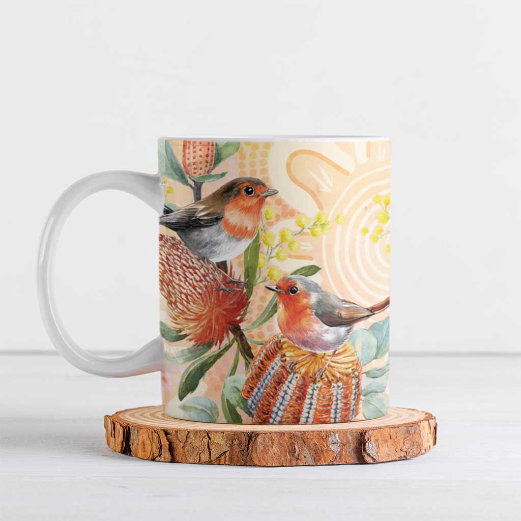 Australia Flame Robin Ceramic Mug Petroica Phoenicea Banksia Indigenous Art - Aussie Hoodie