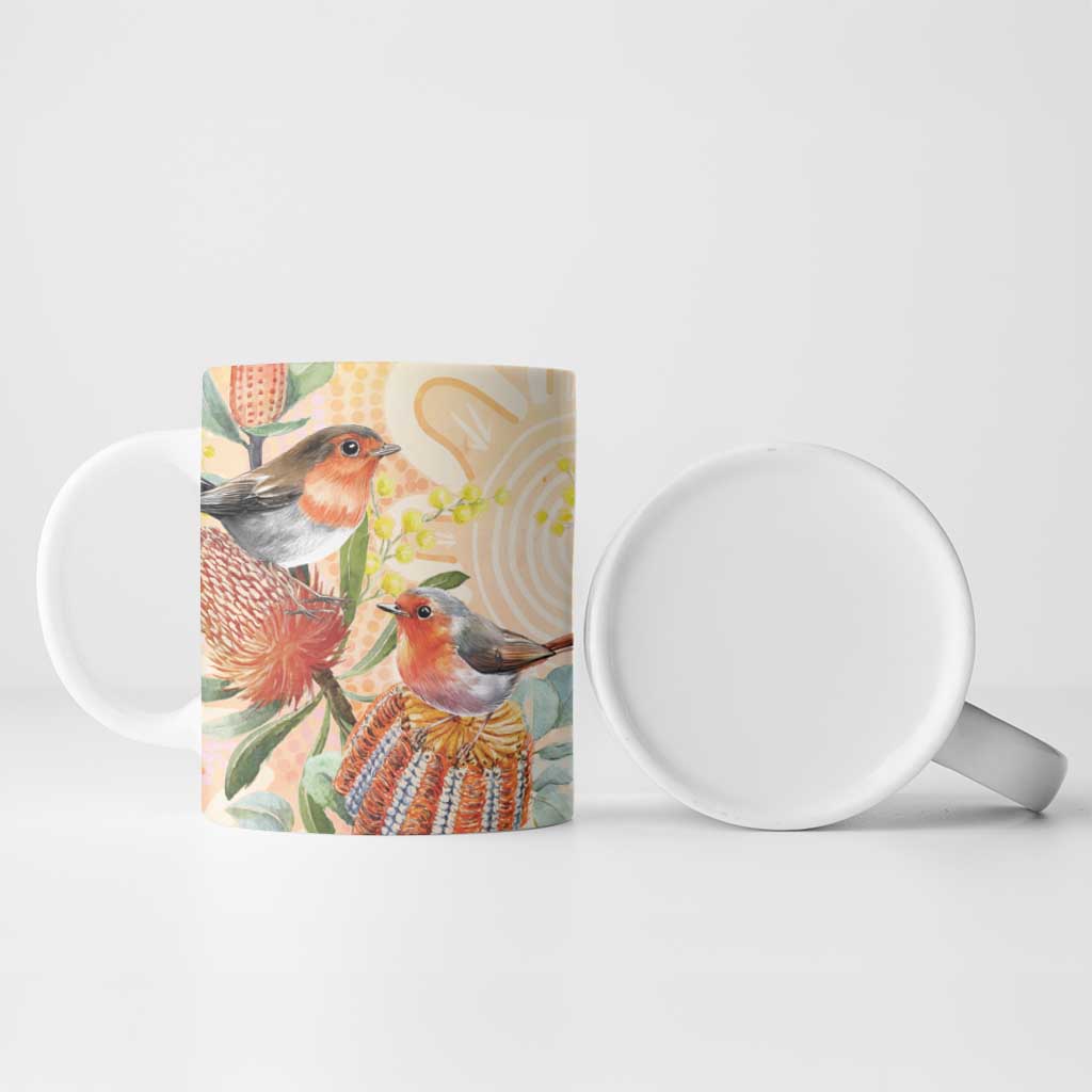 Australia Flame Robin Ceramic Mug Petroica Phoenicea Banksia Indigenous Art - Aussie Hoodie