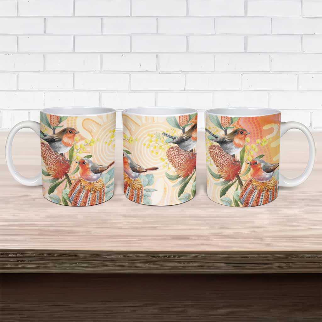 Australia Flame Robin Ceramic Mug Petroica Phoenicea Banksia Indigenous Art - Aussie Hoodie