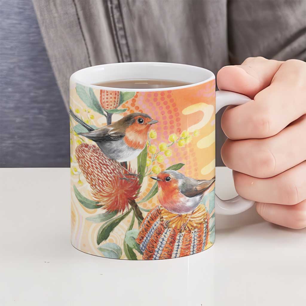 Australia Flame Robin Ceramic Mug Petroica Phoenicea Banksia Indigenous Art - Aussie Hoodie